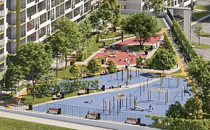 Двор без машин с подземным многоуровневым паркингом